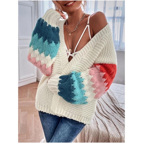 Sweaters - #4 Cozy Color Block Open Front Knit Cardigan